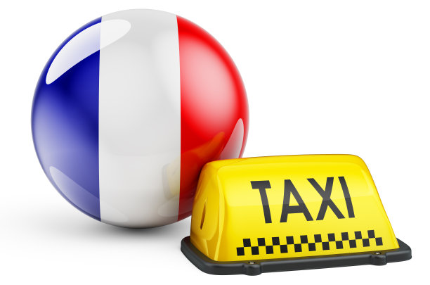 出租车服务在法国的概念。黄色出租车指示牌与法国国旗，3D渲染孤立在白色背景图片下载