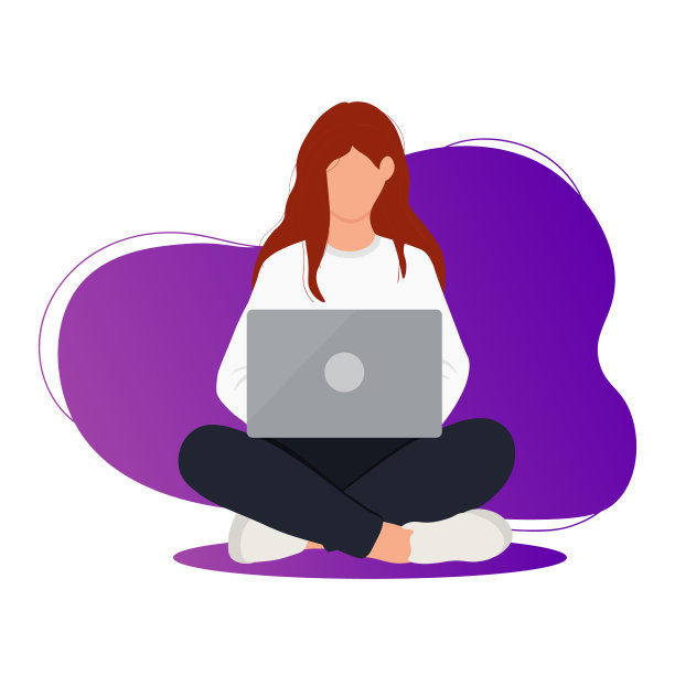 红发女孩，手提电脑。矢量插图孤立在白色背景。图片下载