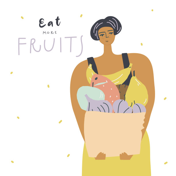 拿着一袋水果的女人。手写报价多吃水果。矢量图图片下载