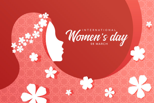 国际妇女节的旗帜-穆斯林妇女戴着红色的粉色伊斯兰面纱和一朵花皇冠矢量设计图片下载