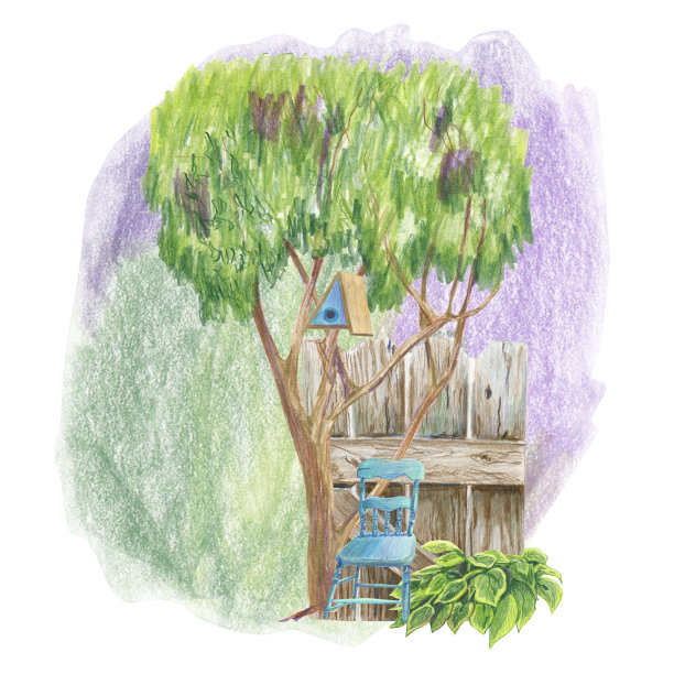 将椅子、树叶、栅栏、树木等布置在抽象的点背景上，采用彩色铅笔的手法。手绘。图片下载