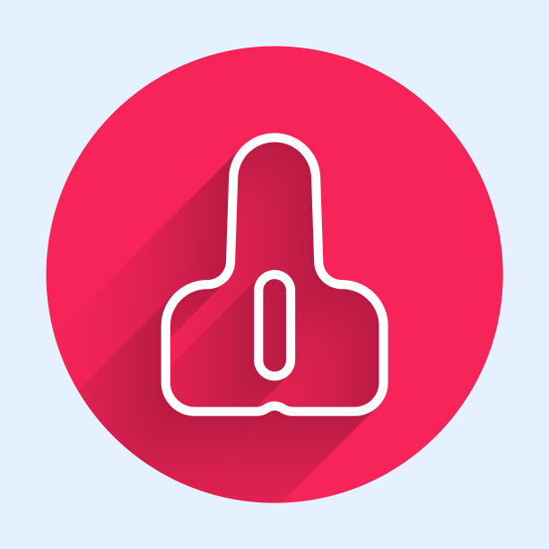 白色线自行车座椅图标孤立与长影子。鞍座。红色圆圈按钮。向量图片下载