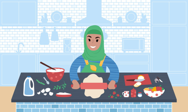 戴着头巾的年轻微笑女孩准备饭菜，扁平风格矢量插画图片下载