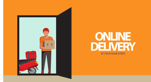 红色制服快递员在敞开的门口搬运包裹图片下载