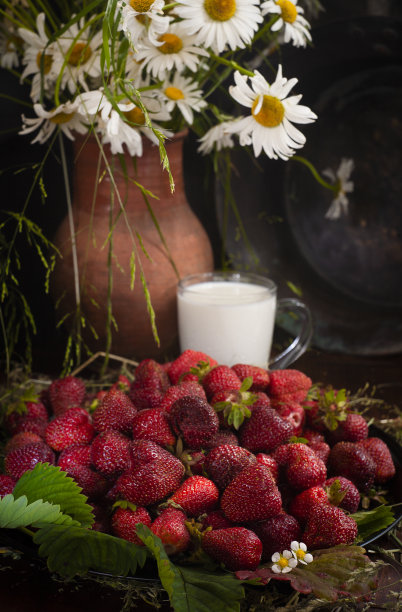 一串新鲜草莓，一杯牛奶和野雏菊图片下载