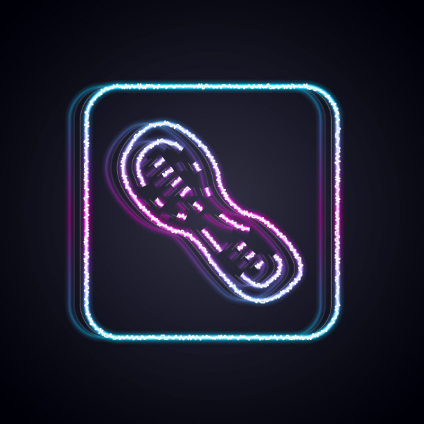 发光的霓虹灯线人类脚印鞋图标孤立在黑色的背景。鞋鞋底。向量图片下载