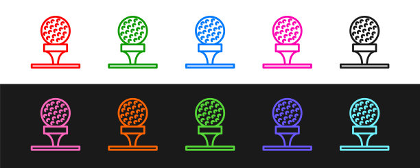 设定线高尔夫球在tee图标上孤立的黑白背景。向量图片下载