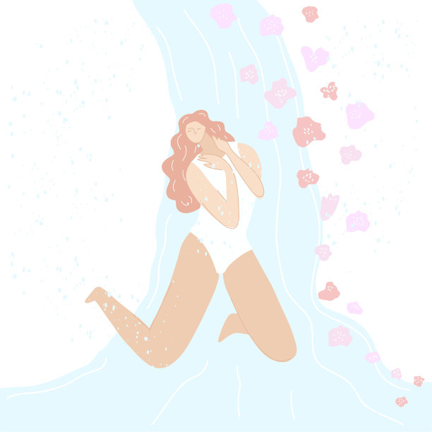 瀑布下那个带着花的女人。矢量图图片下载