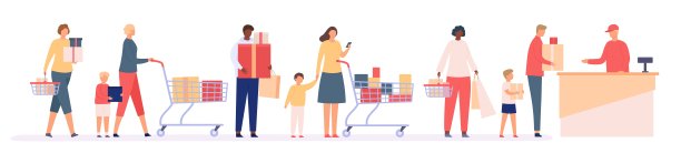 在商店排队。超市里顾客排着长队到收银台结账。人们带着购物袋和盒子。折扣在商场矢量概念图片下载