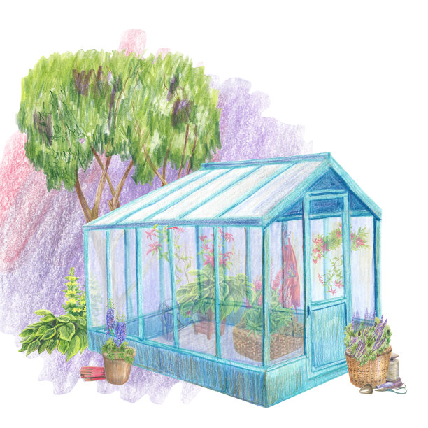 用彩色铅笔的技法，在抽象的点背景上，用盆花、树和园艺工具组成温室。手绘。图片下载