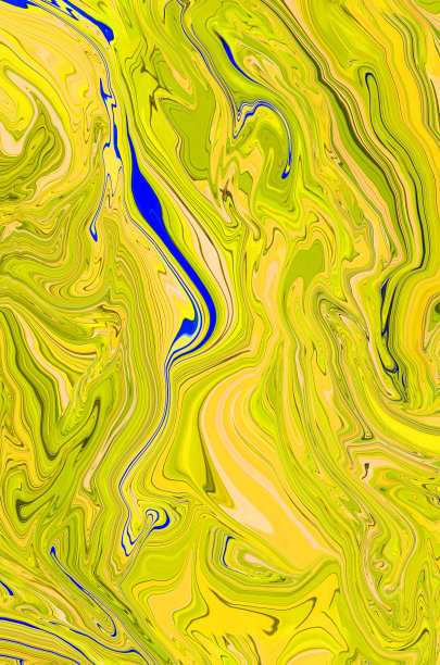 抽象明亮的流体黄色背景与绿色色调和蓝色波。艺术迷幻的数字背景。弯曲的形状插图。充满活力的旗帜。模板。漩涡。大理石纹理。垂直的传单。图片下载