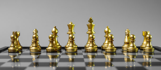 金象棋图队(国王，王后，主教，骑士，车和卒)在棋盘上对对手的战斗。战略，成功，管理，商业计划，思考，教育和领导者的概念图片下载