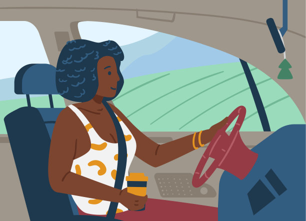 快乐女人开车，一杯咖啡在手，平面矢量插图。图片下载