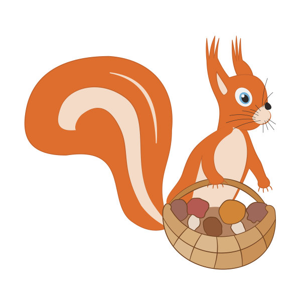 卡通可爱的松鼠拿着一篮子蘑菇。手绘有趣的矢量字符。美丽的森林动物创造了保护区。用于学校教育，幼儿园，插图，涂色页。图片下载