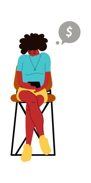 有智能手机的女孩。卡通女人拿着移动设备。年轻女子坐在椅子上。可爱的青少年和语言泡沫的美元符号。矢量字符使用手机支付图片下载