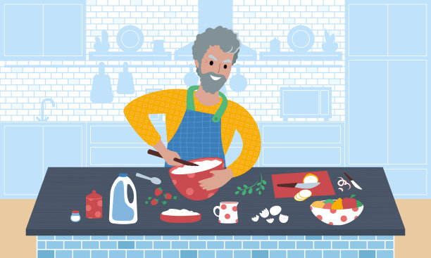 微笑着的白人老人正在做饭。平面风格矢量插图。清净。图片下载