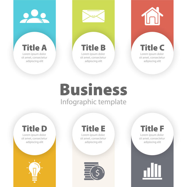 具有6个选项、部分或步骤的业务信息图表模板。图片下载
