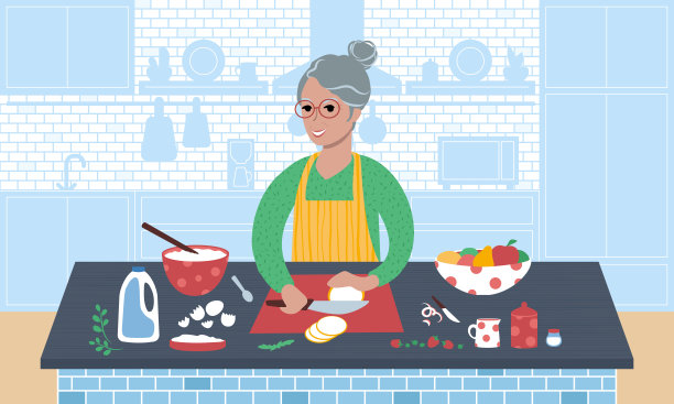 微笑的白人老妇人正在准备晚餐。平面风格矢量插图。图片下载