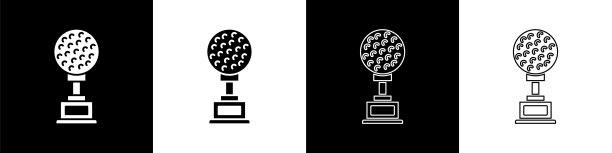 设置奖项杯与高尔夫图标孤立的黑色和白色背景。冠军奖杯的象征。冠军或比赛奖杯。体育成就的迹象。向量图片下载