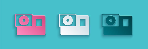 剪纸动作极端相机图标孤立在蓝色背景。拍摄极限运动的摄像机设备。纸艺术风格。向量图片下载