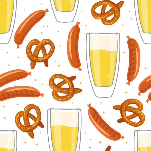 无缝图案与啤酒杯，香肠，椒盐卷饼在白色的背景。平面矢量设计插图。传统的巴伐利亚食品。用于啤酒节背景，织物印花，剪贴簿，卡片图片下载