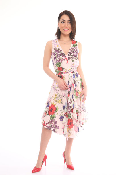 年轻美丽的女人在与花的图案连衣裙前面的白色背景图片下载