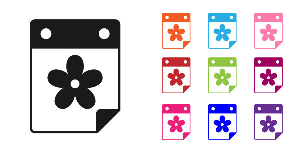 黑色日历与花图标孤立在白色背景。设置图标丰富多彩。向量图片下载