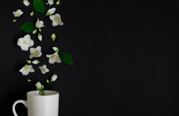 茉莉花在黑色的背景上飞成一个白色的杯子。一杯茉莉花茶图片下载