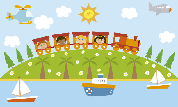 孩子们乘火车旅行。图片下载