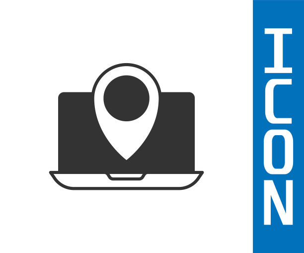 灰色笔记本电脑与位置标记图标隔离在白色背景。向量图片下载