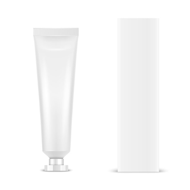 矢量3d现实塑料，金属白色牙膏，奶油管，纸盒包装隔离在白色背景。采购产品为模型的牙膏，化妆品，霜，牙膏的设计模板。前视图图片下载