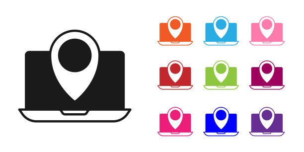 黑色笔记本电脑与位置标记图标隔离在白色背景。设置图标丰富多彩。向量图片下载