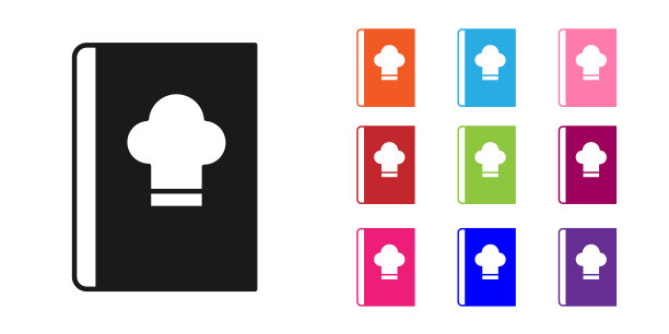 黑色食谱图标孤立在白色背景。烹饪书图标。菜谱的书。叉子和刀的图标。餐具的象征。设置图标丰富多彩。向量图片下载