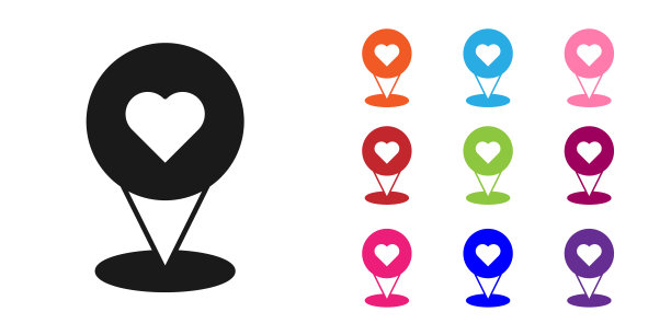 黑色地图指针与心脏图标隔离在白色背景。情人节。爱的位置。浪漫的地图销。设置图标丰富多彩。向量图片下载
