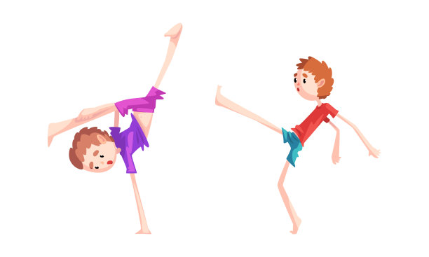 可爱的男孩练习武术，儿童做卡波耶拉战斗元素卡通矢量插图图片下载