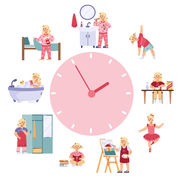 为可爱的小女孩的日常日程安排一个矢量平面卡通插图图片下载