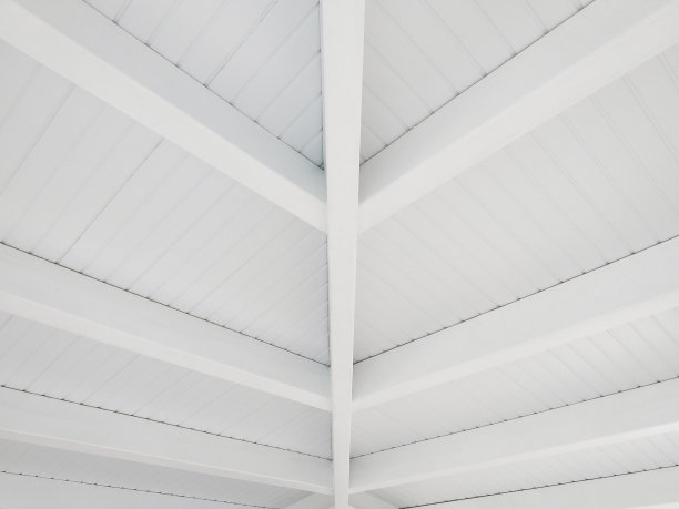 白色木质天花板的透视。加勒比走廊上的白色横梁。建筑、建筑和室内设计概念。完整的框架。图片下载