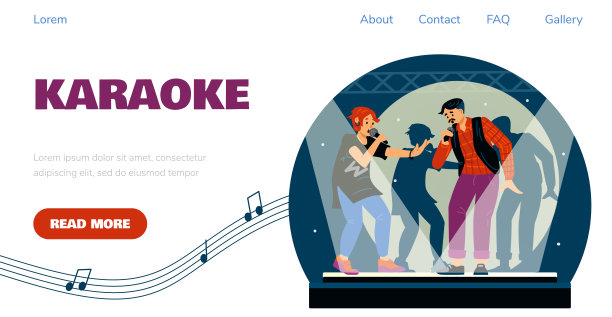 卡拉ok俱乐部网站与一群朋友一起唱歌，平面矢量插画。图片下载