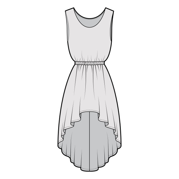 连衣裙高、低的技术时尚插图无袖，超大的身体，自然弹性腰围，圆形裙图片下载