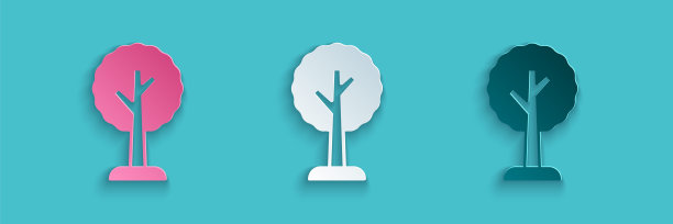 剪纸树图标孤立在蓝色背景。森林的象征。纸艺术风格。向量图片下载