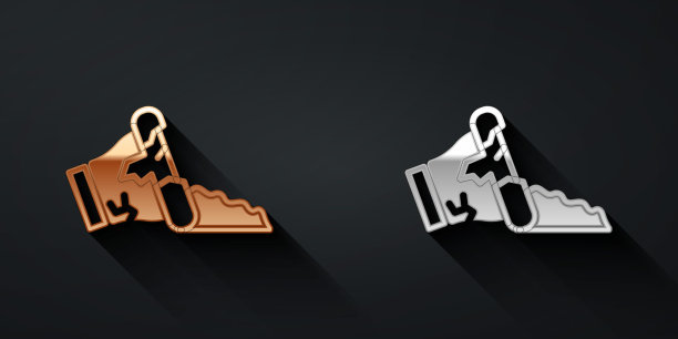 金色和银色的破碎罐图标孤立在黑色的背景。长长的阴影风格。向量图片下载