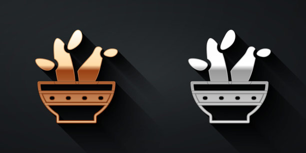 金和银仙人掌佩奥特在锅图标孤立在黑色背景。盆栽植物。盆栽植物标志。长长的阴影风格。向量图片下载