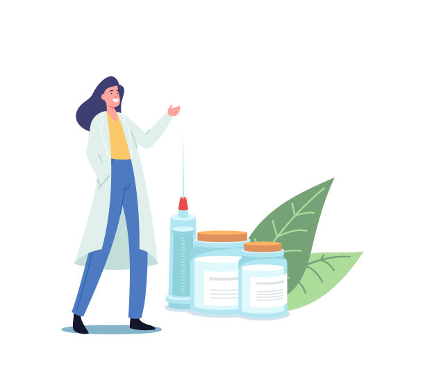 医学免疫接种。微小的女医生角色与巨大的注射器邀请接种疫苗注射剂量图片下载