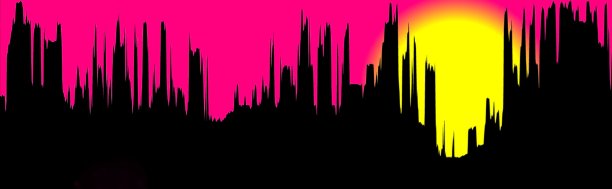 日出在未来的新城市，高楼大厦的轮廓与紫色的天空图片下载