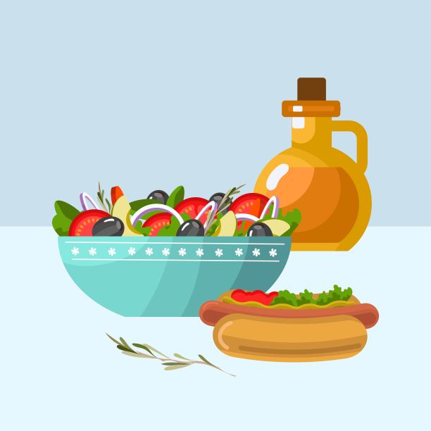 美味食物套餐：沙拉和热狗扁平风格矢量插图图片下载