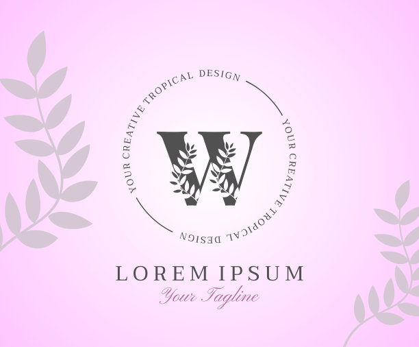 女性字母W标志与自然树叶纹理设计标志图标。创意美字母美自然标志模板。图片下载