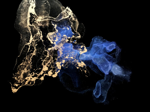 金色和蓝色油漆流体艺术上的黑色背景。星云星系闪抽象画。石头纹理。图片下载