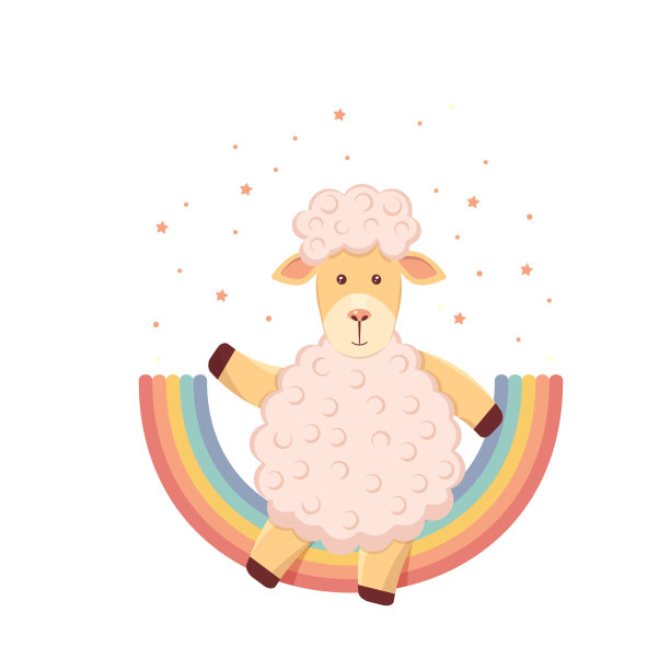 可爱的儿童插图一只羊在彩虹上，围绕着一颗星星在一个白色的背景图片下载
