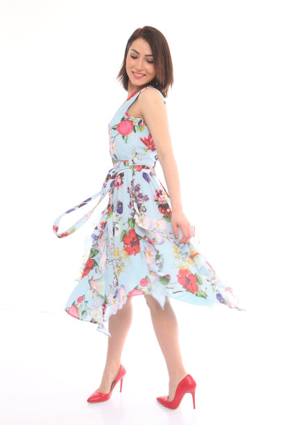 年轻美丽的女人在与花的图案连衣裙前面的白色背景图片下载