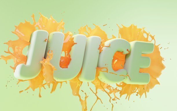 在绿薄荷的背景下加入芒果、木瓜或杨桃汁。三维插画液体流动，热带水果鸡尾酒滴，新鲜饮料。文字果汁与黄色柠檬汁，字母文字图片下载